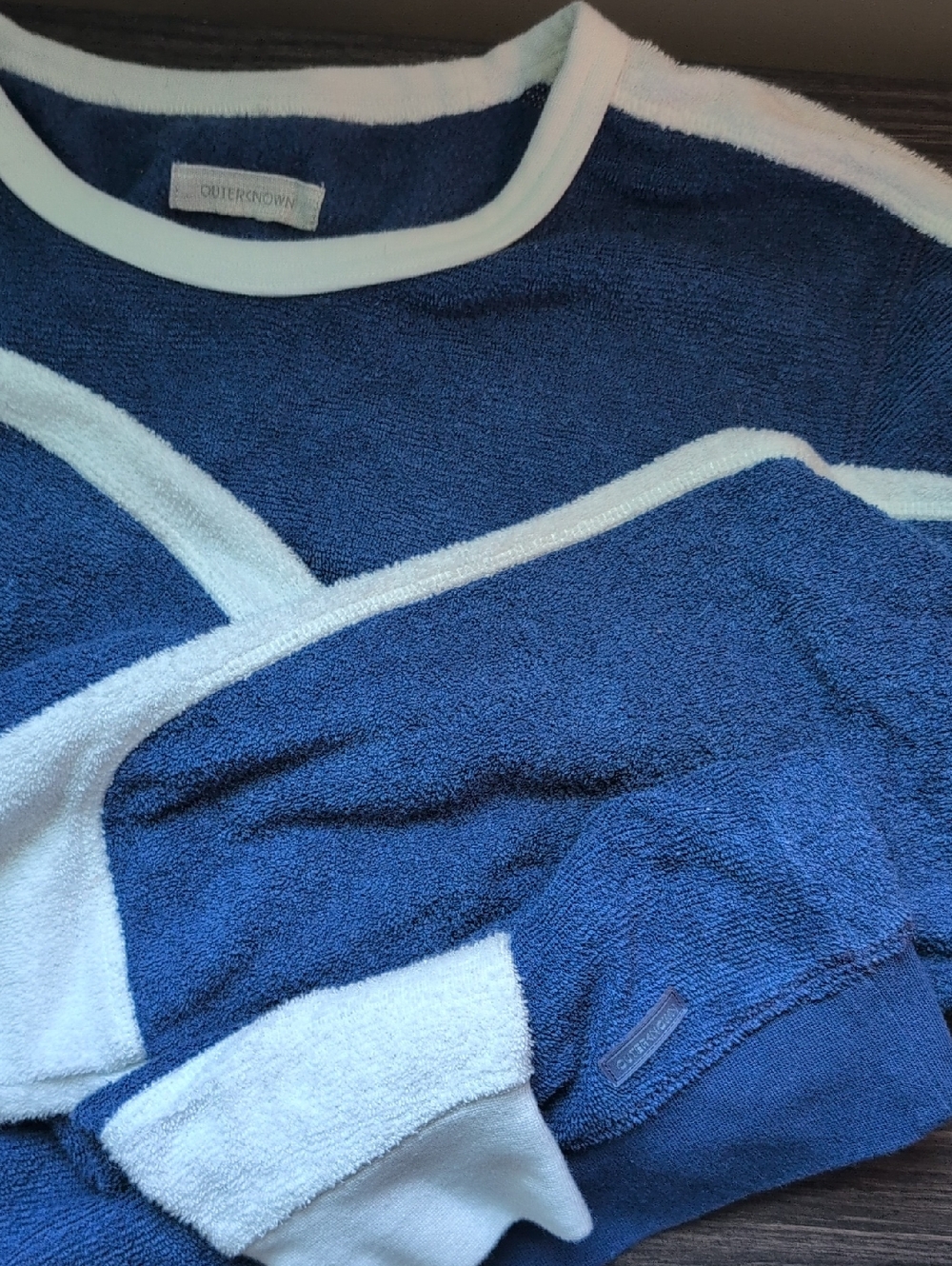 Outersknown Men's Navy and White Contrast Crew Sweater Terrycloth Sweatshirt